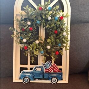Patriotic Blue Truck Holiday Wreath Decor